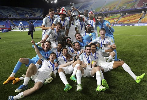 England players celebrate after defeating Venezuela 1-0 to win the final of the FIFA U-20 World Cup Korea 2017 at Suwon World Cup Stadium in Suwon, South Korea, Sunday, June 11, 2017.  | AP