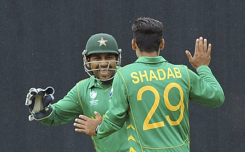 Pakistan's Shadab Khan celebrates with captain Sarfraz Ahmed. (File photo | AP)