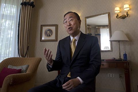 Former U.N. Secretary-General Ban Ki-moon speaks during an interview with The Associated Press in his hotel room in Madrid, Spain, Wednesday, June 14, 2017. | AP