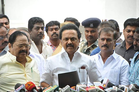 DMK chief Stalin addresses the media after being evicted from TN assembly in Chennai on Thursday. (Sampath Kumar | EPS)