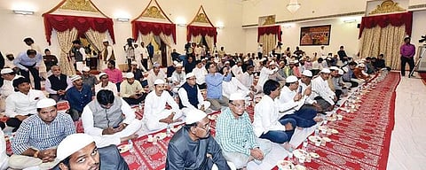 People participating in the Iftar hosted by Governor ESL Narasimhan at Raj Bhavan in Hyderabad on Wednesday | Express photo