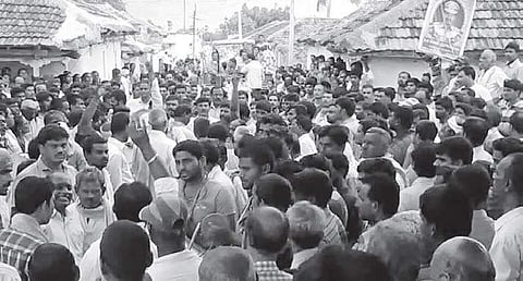 Friends and relatives of Prabhakar Reddy staging a protest on Tanguturu-Alair Road demanding release of their friends arrested in Kukunooprally, on Thursday | express photo
