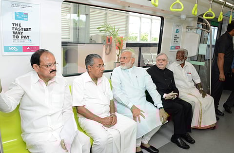 Rajasekharan was seen seated next to Governor P Sathasivam when Modi, Chief Minister Pinarayi Vijayan and Union Urban Development Minister Venkaiah Naidu in their maiden ride. | Express Photo Service