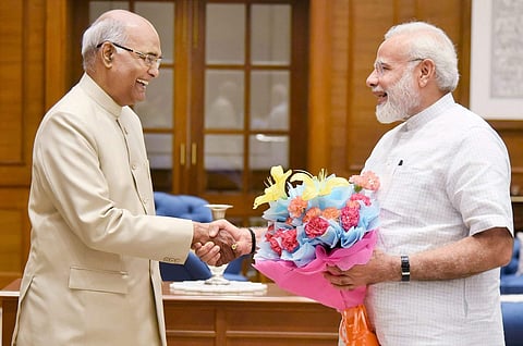 NDA's presidential nominee Ram Nath Kovind meets Prime MInister Modi.  (PTI)