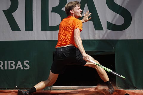 Belgium's David Goffin twists his right ankle in his match against Argentina's Horacio Zeballos during their third round match of the French Open tennis tournament at the Roland Garros stadium, in Paris.  | AP