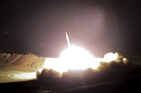 A missile is fired from city of Kermanshah in western Iran targeting the Islamic State group in Syria. (Photo | AP)
