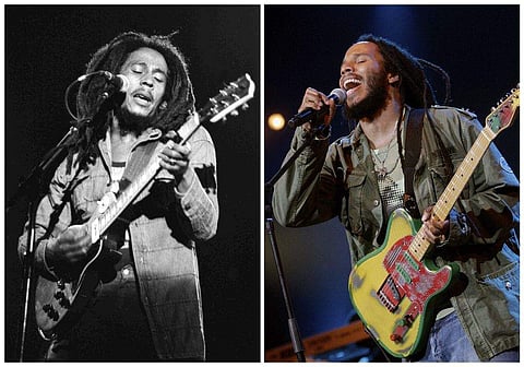 Jamaican Reggae legend Bob Marley performs at a reggae festival concert in Paris on July 4, 1980, left, and his son Ziggy Marley performs during the Paleo Festival, in Nyon, Switzerland on July 19, 2006. (Photo | AP)