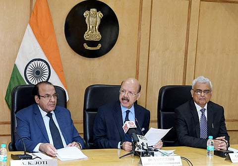 Chief Election Commissioner Nasim Zaidi along with Election Commissioners A.K. Joti and O.P. Rawat addressing a press conference on the conclusion of EVM challenge in New Delhi on Saturday. | PTI