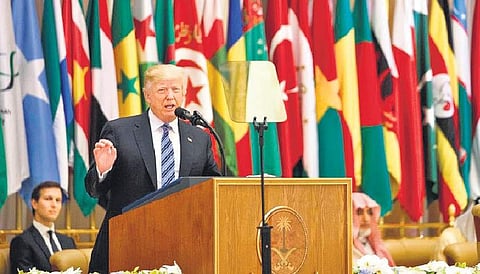 President Trump delivering a speech to the Arab Islamic American Summit, in Riyadh on May 21