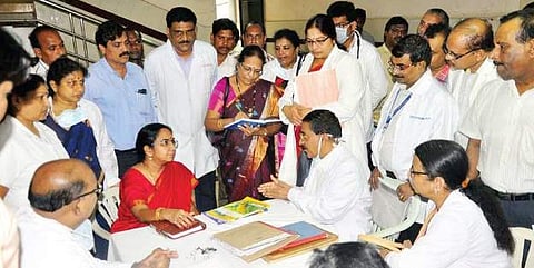 Principal secretary, Health, Poonam Malakondaiah interacting with the KGH officials during her visit to Dermatology ward  at King George Hospital in Visakhapatnam on Thursday | Express
