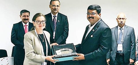 Oil minister Dharmendra Pradhan with Jennifer Holmgren, CEO, LanzaTech