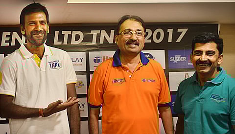L Balaji (left) during a promotional event for TNPL on Monday. (D Sampathkumar | EPS)