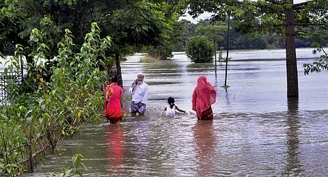 A woman walks through a flooded area following rains, at Kampur, in Nagaon district, Assam
