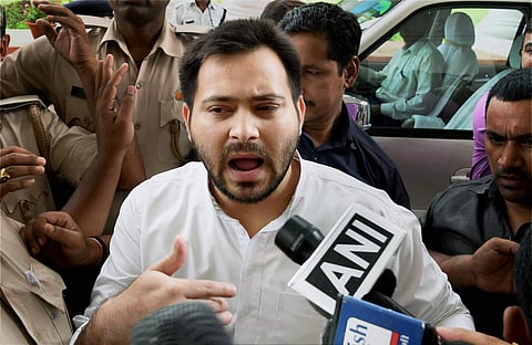Bihar Deputy Chief Minister Tejaswi Yadav addressing media persons in Patna on Wednesday. (PTI)