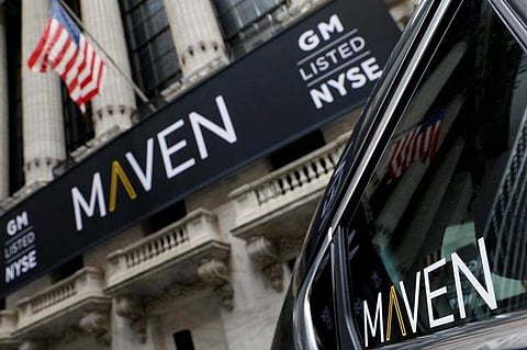 A sign for General Motors Co. car-sharing operation, Maven hangs on the facade of the New York Stock Exchange (NYSE) in New York, U.S. (File photo | Reuters)