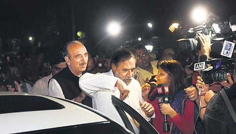 Congress leaders Anand Sharma and Ghulam Nabi Azad after an all-party meeting. (EPS | Shekhar Yadav)