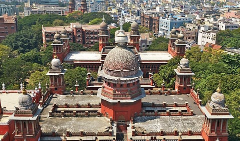 (Above) Aerial view of the High Court; (below) archival photo of the road leading to the court; (inset) Muthuswamy Iyer