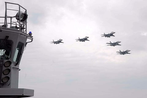 The sea phase of the multilateral naval exercise, MALABAR-17, among the Indian Navy, Japanese Maritime Self Defence Force and US Navy in the Bay of Bengal ended yesterday. Aircraft formation of three MiG 29K of Indian Navy and F 18 of US Navy fly over INS