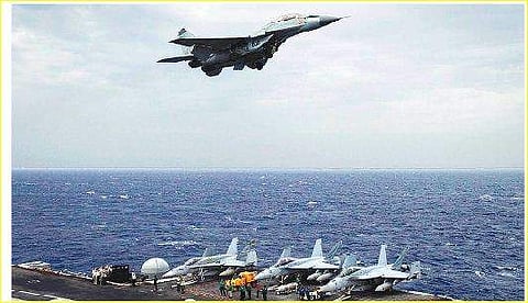 Indian Air Force’s MIG-29K Fulcrum flies over USS Nimitz as part of the tri-nation Malabar 2017 exercise in Bay of Bengal near the Chennai coast on Monday | PTI