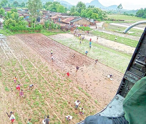 Food packets being air-dropped from a Naval helicopter in a flood hit area of Rayagada | Express