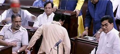 BSP chief Mayawati walks out from the Rajya Sabha in New Delhi on Tuesday. (PTI)