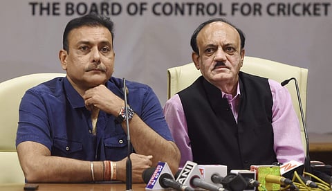 Indian cricket team head coach Ravi Shastri and acting BCCI President C K Khanna during a press conference at the BCCI headquarters in Mumbai on Tuesday. | PTI