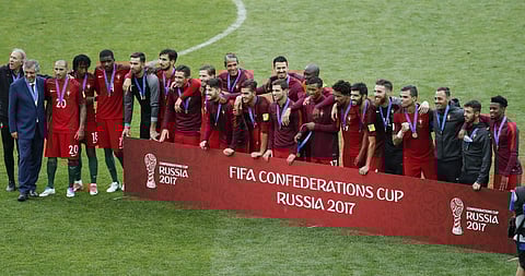 Portugal's players pose as they celebrate their side's 2-1 win, at the end of the Confederations Cup, third place soccer match between Portugal and Mexico, at the Moscow Spartak Stadium, Sunday, July 2, 2017 | AP