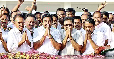 Chief Minister ‘Edappadi’ K Palanisamy, AIADMK deputy general secretary TTV Dinakaran and other leaders at Anna memorial. (Express Photo | Romani Agarwal)