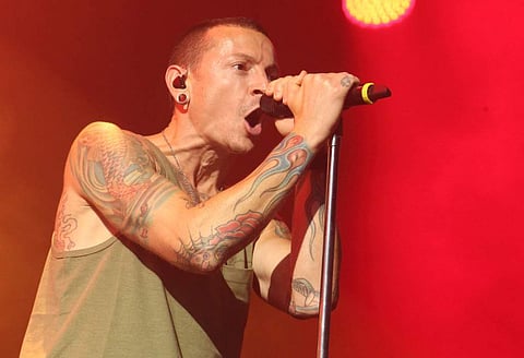 Chester Bennington of the band Linkin Park performs in concert during their “Carnivores Tour 2014” at the Susquehanna Bank Center on Friday, Aug. 15, 2014, in Camden, N.J. Bennington was found dead in his LA home Thursday. (AP Photo)