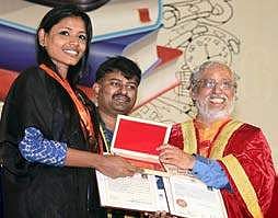 Dr Anil Sahasrabudhe, Chairman, AICTE, presenting medal and certificate to a student during the graduation day of Sairam Engineering College on Saturday. Also seen is Sai Prakash Leo Muthu, CEO, Sairam Group | martin louis