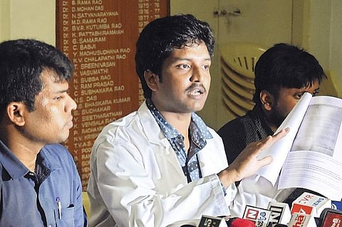 APJUDA chief Raghuram speaking to media in Vijayawada on Saturday | R V K Rao