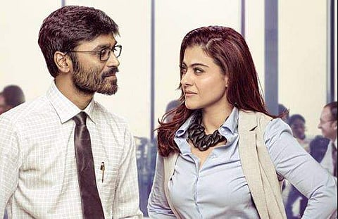 Dhanush and Bollywood actress Kajol featured on the poster of 'Velai Illa Pattadhari 2'. (Photo | Wunderbar Films/V Creations)