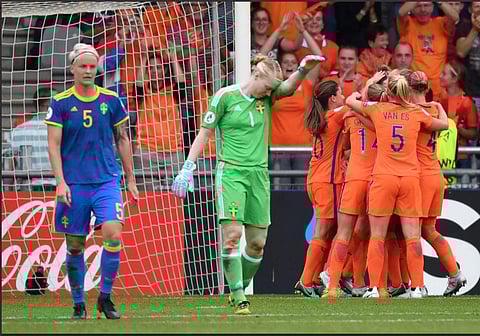 Netherlands players celebrate their victory against Sweden (Twitter/ UEFA Women's EURO)