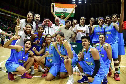 Indian Women Basketball team players celebrate after they won the final match of FIBA Women's Asia Cup Division B against Kazakhstan (PTI)