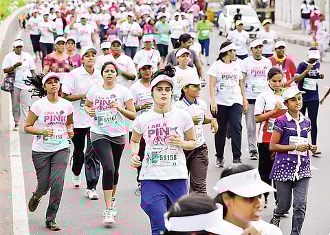 To create awareness among women about breast cancer treatment, women taking part in the Pinkathon in the city on Sunday | Sunish P Surendran