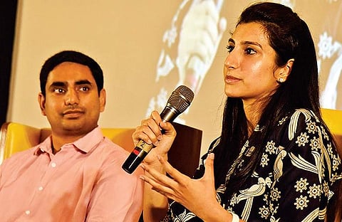 (Right) Brahmani and (Left) Nara Lokesh addressing the  FICCI Ladies’ Organisation’s meet at Hotel Park in Hyderabad on Saturday | vinay madapu