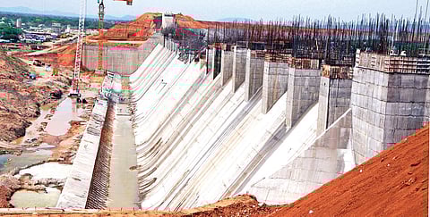 A view of ongoing construction works at Mid Manair Dam in Rajanna-Sircilla on Sunday| Express photo