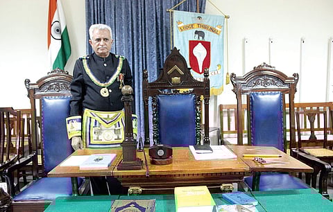 Assistant Regional Grand Master Anurag Sahae at Masonic Temple's Altar; (below) older building of the Lodge, brought down 30 years ago  Manjunath S