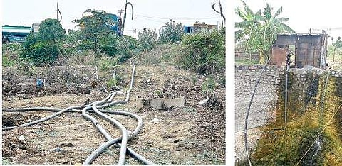 Tankers filling water through pipes at a rudimentary filling station at Kovilambakkam; and (R) commercial water extraction at the farm well | Martin Louis