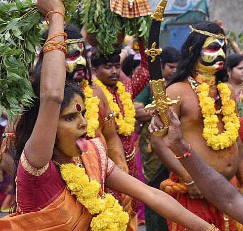 Bonalu is celebrated in the Ashada Masam (July/August) month of the Hindu calendar. People perform various rituals during this month. It is a thanksgiving month where people offer prayers to the Goddess Mahakali for the fulfillment of their wishes.  (R Sa