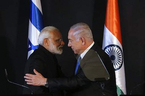 Indian Prime Minister Narendra Modi, left, shakes hands with Israeli Prime Minister Benjamin Netanyahu during their meeting at the King David hotel in Jerusalem, Wednesday, July 5, 2017.  | AP