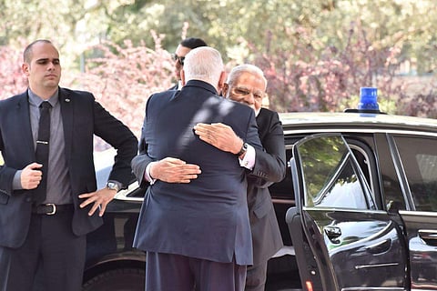 Indian Prime Minister Narendra Modi embracing Israeli President. (Photo | Twitter)