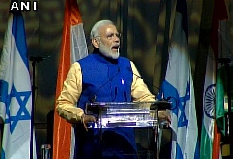 PM Narendra Modi addressing the Indian diaspora at Tel Aviv Convention Centre. (ANI)