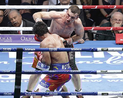 Jeff Horn, top, of Australia and Manny Pacquiao of the Philippines fight during their WBO World welterweight title bout in Brisbane, Australia. (File | AP)