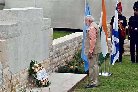 Prime Minister Narendra Modi lays a wreath at the Indian cemetery in Haifa, Israel, on July 6. Indian soldiers laid down their lives during the liberation of Haifa in 1918.