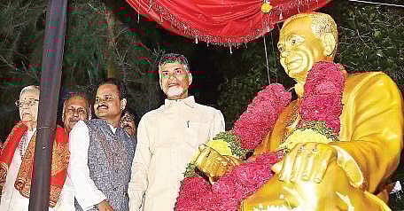 CM N Chandrababu Naidu unveiling statue of Mangalampalli Balamuralikrishna at Tummalapalli Kalakshetram in Vijayawada on Thursday | Express