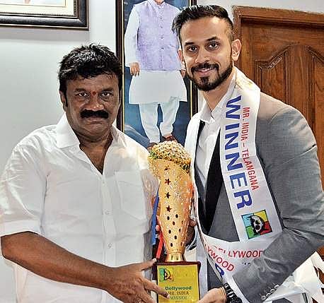 Aksya Neelakantam with Minister for Cinematography, Talasani Srinivas Yadav