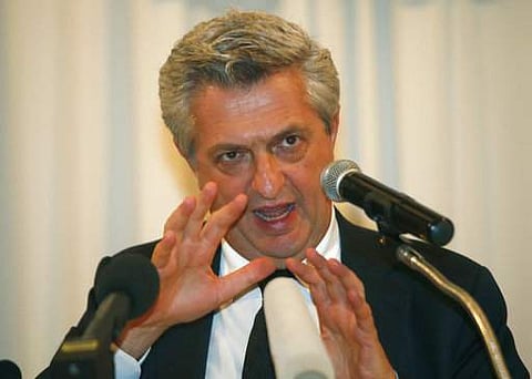 United Nations High Commissioner for Refugees, UNHCR, Filippo Grandi answers questions from reporters during a press conference Bangkok, Thailand, Friday, July 7, 2017. Before arriving in Bangkok the UN high commissioner had visited neighbouring refugees 