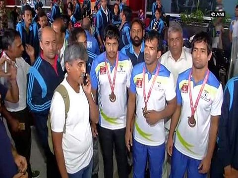 Indian deaflympics contingent refuse to leave Indira Gandhi International Airport upset with the government not welcoming their success in the games. (Photo: ANI)