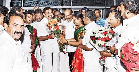 CM Edappadi K Palaniswami being received by party MPs at New Delhi on Thursday. The CM will participate in the swearing-in ceremony of vice-president Venkaiah Naidu
